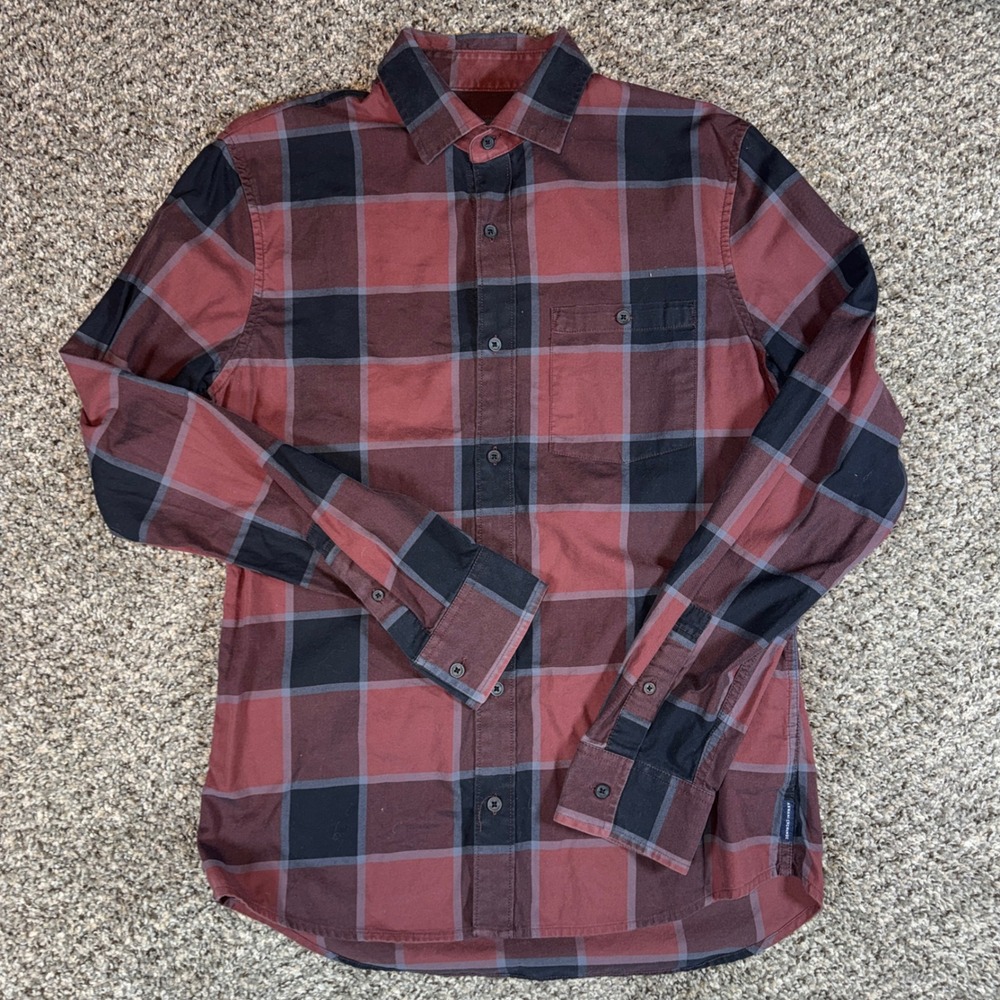 Armani Exchange Mens Medium Plaid Button Up Shirt Burgundy Black Fitted Casual